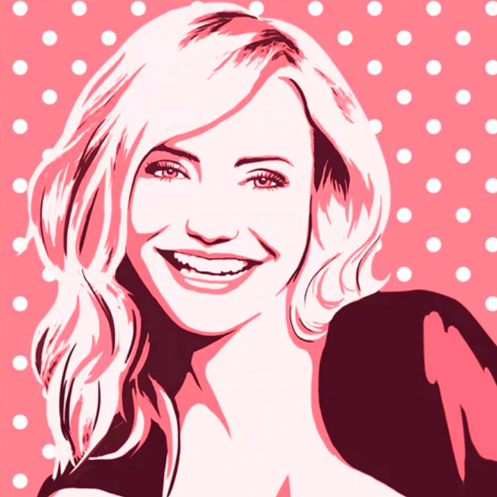 Женский портрет в стиле поп-арт на розовом фоне в белый горошек